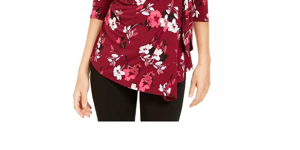 Alfani Women's Printed 3/4-Sleeve Asymmetric Top Red Size Small