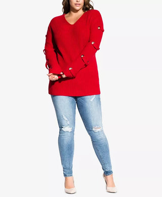 City Chic Women's Trendy Plus Size Grommet-Sleeved Sweater Red Size 22W