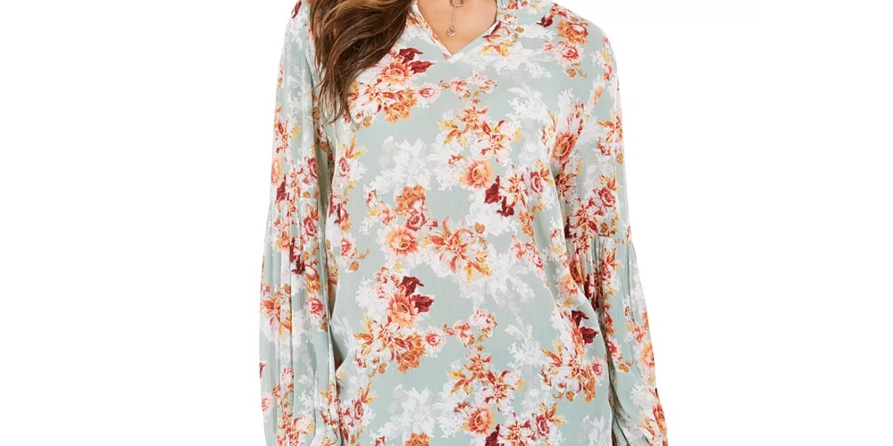 Style & Co Women's Petite Printed Split-Neck Top Green Size Petite XS