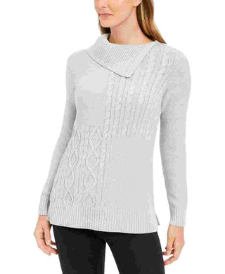 Charter Club Women's Petite Envelope-Neck Cable-Knit Sweater Gray Size Petite S