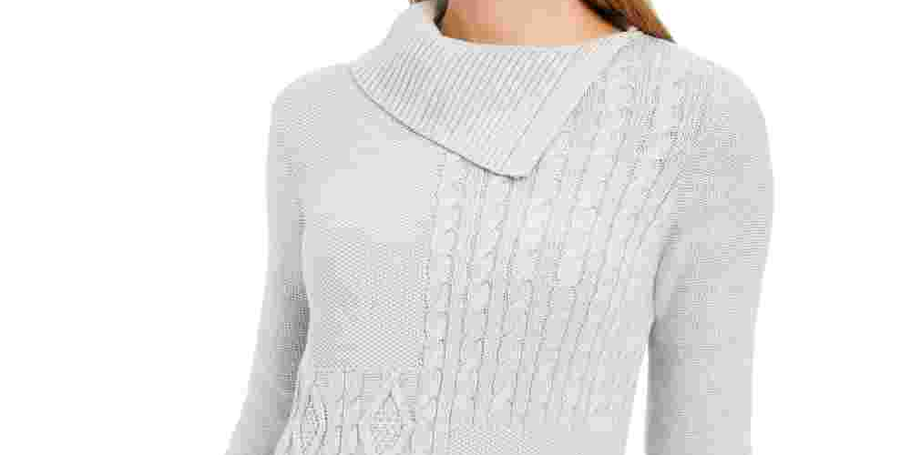 Charter Club Women's Petite Envelope-Neck Cable-Knit Sweater Gray Size Petite S