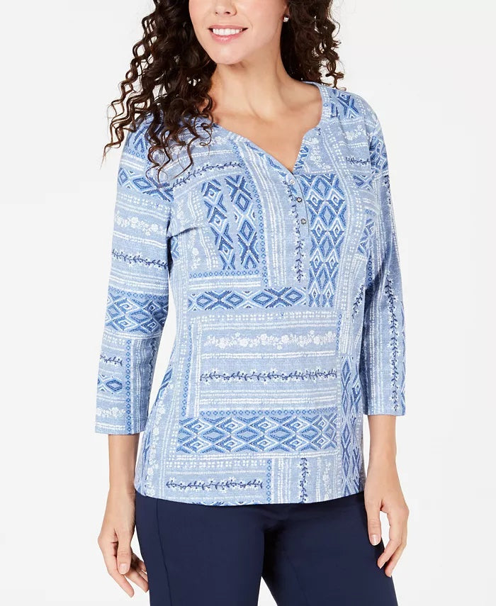 Karen Scott Women's Petite Mixed-Motif Printed Top Blue Size PL