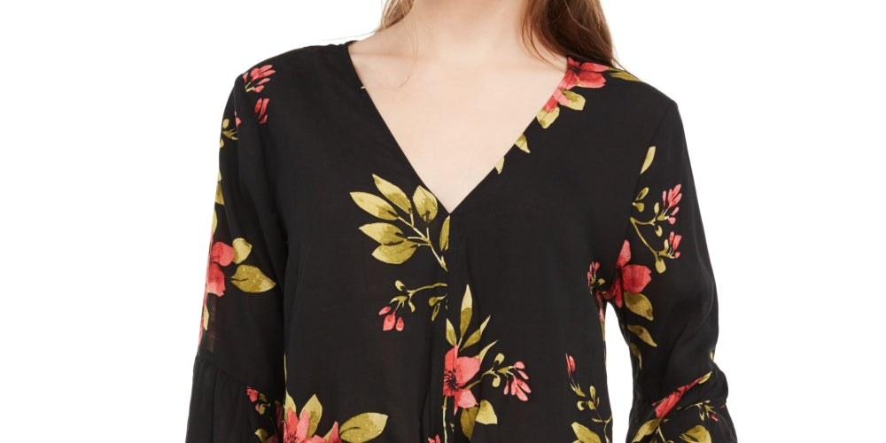 Polly & Esther Juniors' Tie-Front Bell-Sleeve Top Black Size Large