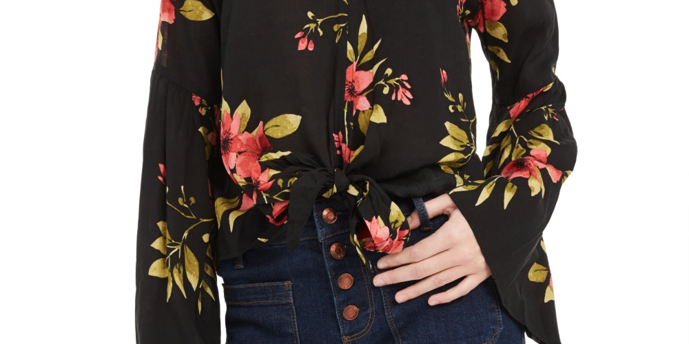 Polly & Esther Juniors' Tie-Front Bell-Sleeve Top Black Size Large