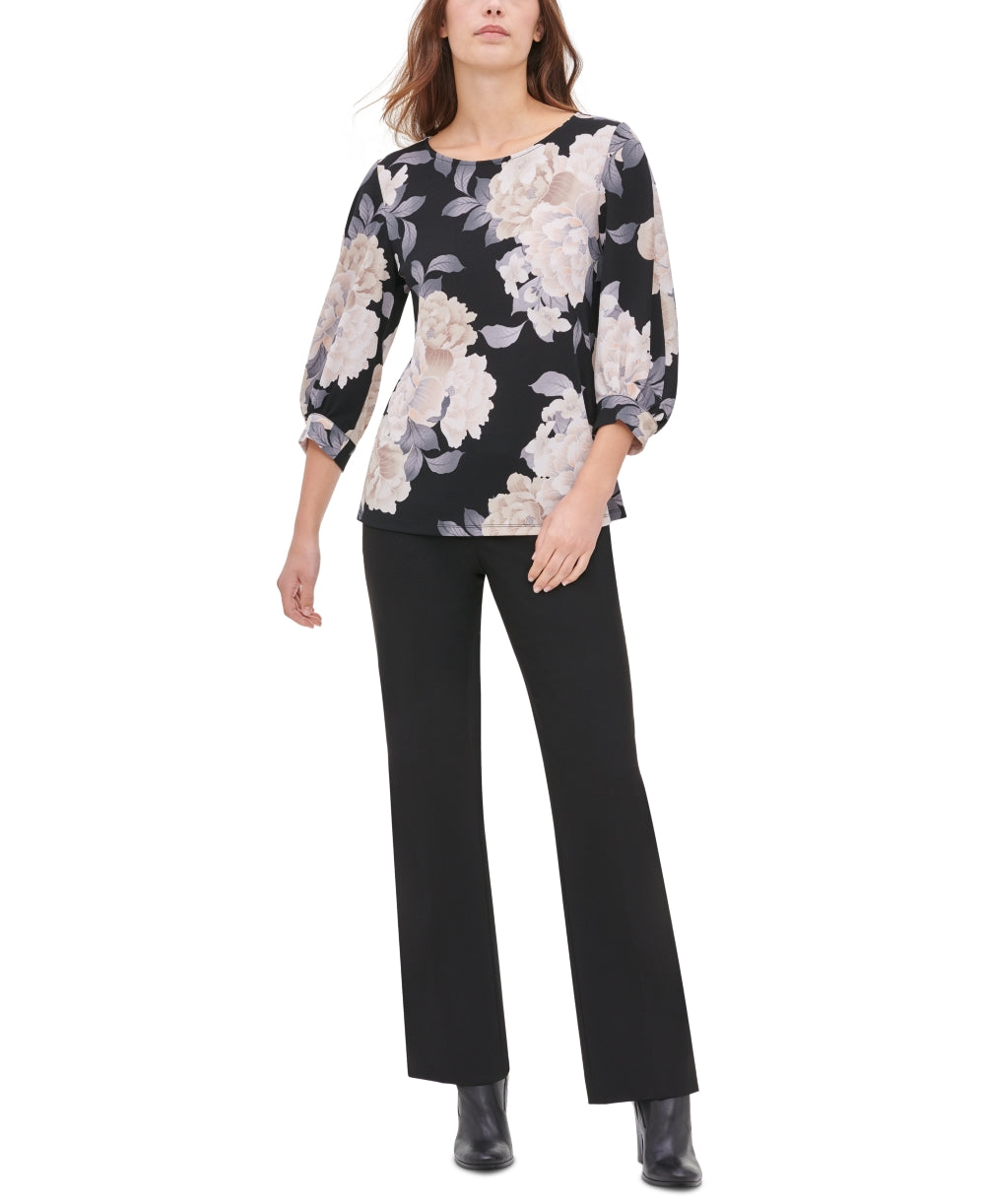 Calvin Klein Women's Printed Blouson-Sleeve Top Charcoal Size X-Large