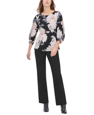 Calvin Klein Women's Printed Blouson-Sleeve Top Charcoal Size X-Large