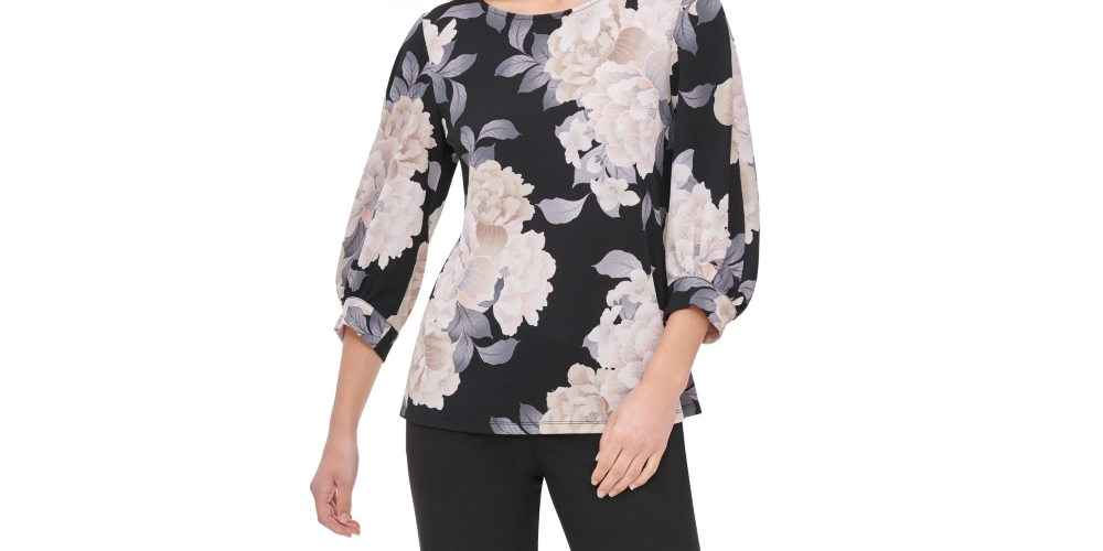 Calvin Klein Women's Printed Blouson-Sleeve Top Charcoal Size X-Large