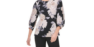 Calvin Klein Women's Printed Blouson-Sleeve Top Charcoal Size X-Large