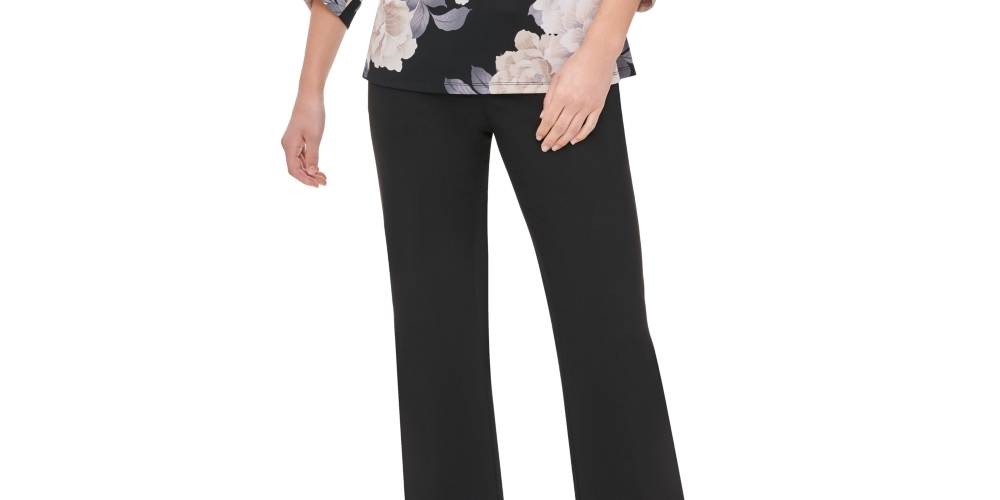 Calvin Klein Women's Printed Blouson-Sleeve Top Charcoal Size X-Large