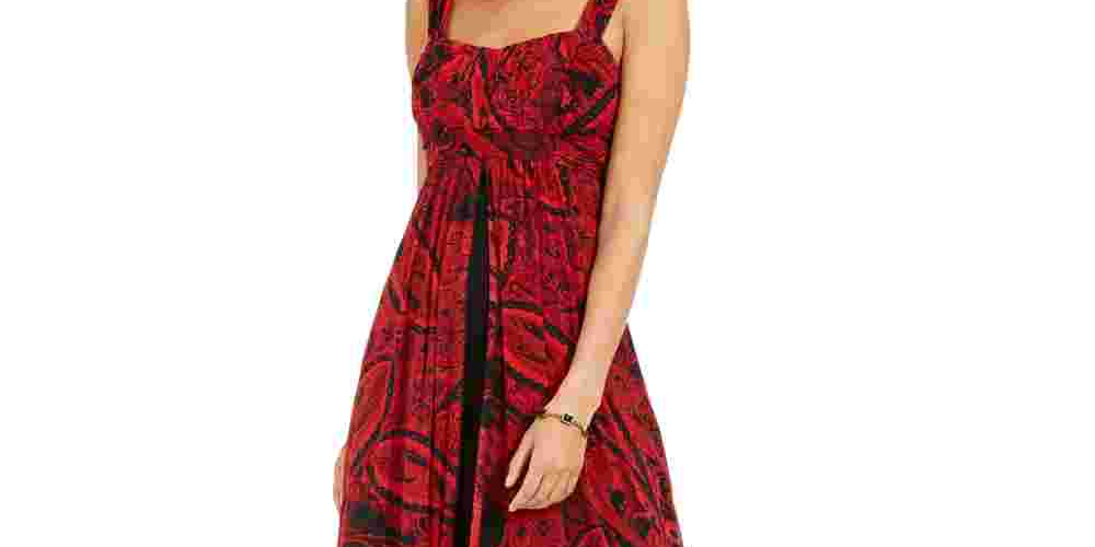 Connected Apparel Women's Red Printed Spaghetti Strap Sweetheart Neckline Skinny Jumpsuit Red Size 16