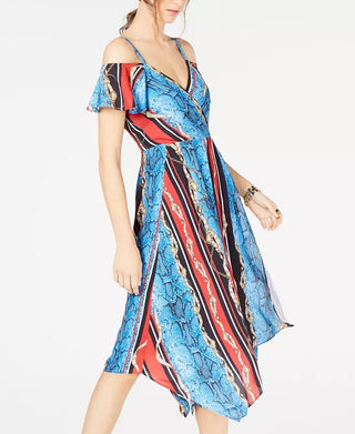 INC International Concepts Women's Cold-Shoulder Surplice Dress Blue Multi Size 14