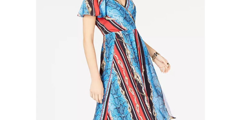 INC International Concepts Women's Cold-Shoulder Surplice Dress Blue Multi Size 14