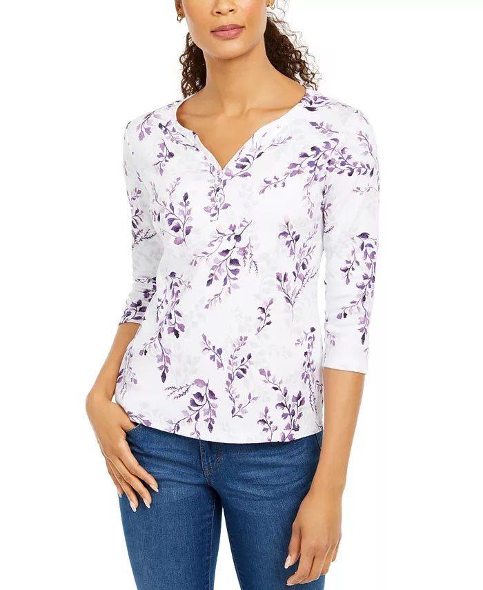 Karen Scott Women's Petite Printed 3/4-Sleeve Top white-blue Size Petite Small