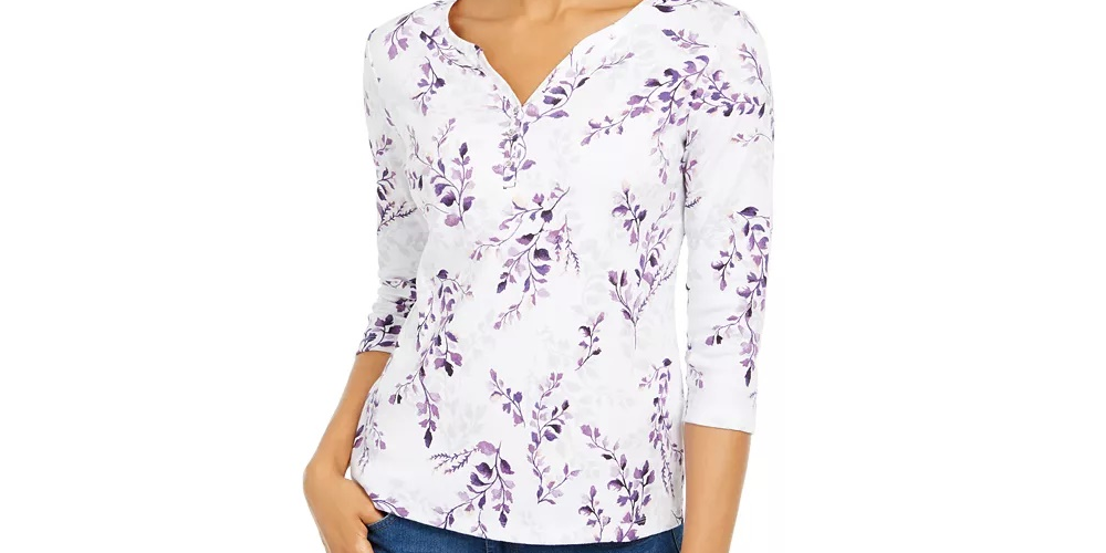Karen Scott Women's Petite Printed 3/4-Sleeve Top white-blue Size Petite Small
