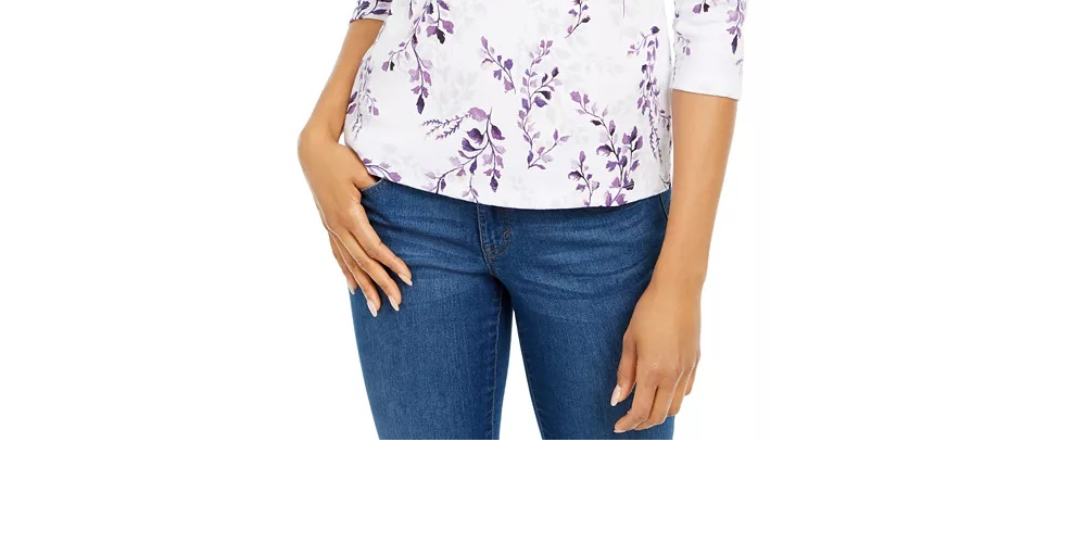 Karen Scott Women's Petite Printed 3/4-Sleeve Top white-blue Size Petite Small