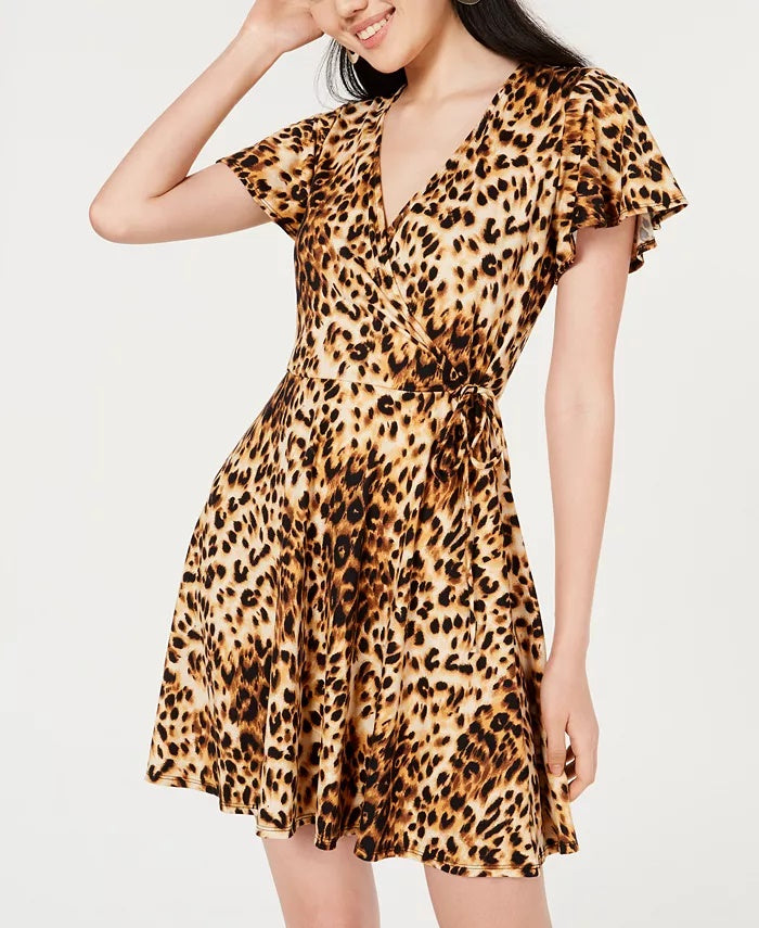 BCX Women's  Animal Print Short Sleeve V Neck Short Wrap Dress Dress Brown  Size Large