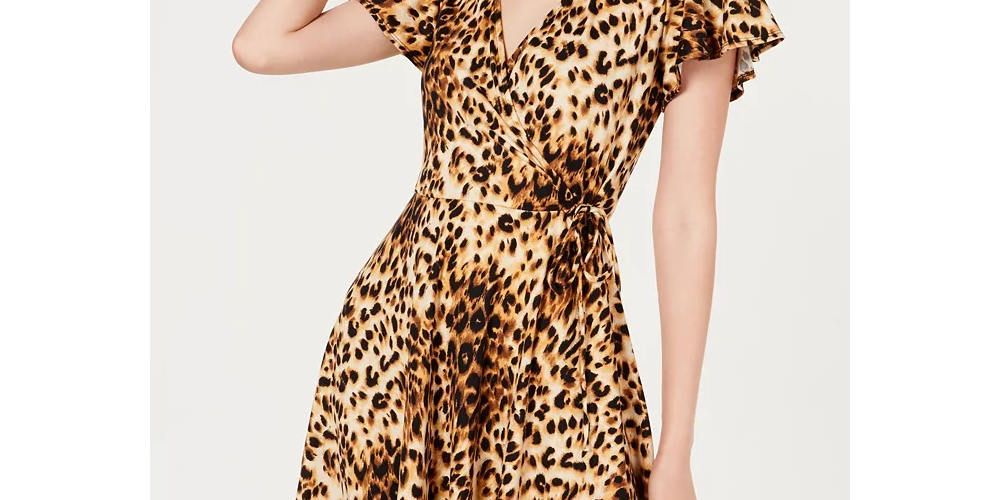 BCX Women's  Animal Print Short Sleeve V Neck Short Wrap Dress Dress Brown  Size Large