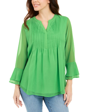 Charter Club Women's Double Ruffle Solid Pintuck Top Green Size Small