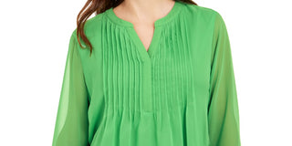 Charter Club Women's Double Ruffle Solid Pintuck Top Green Size Small