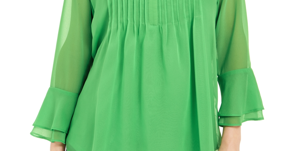 Charter Club Women's Double Ruffle Solid Pintuck Top Green Size Small