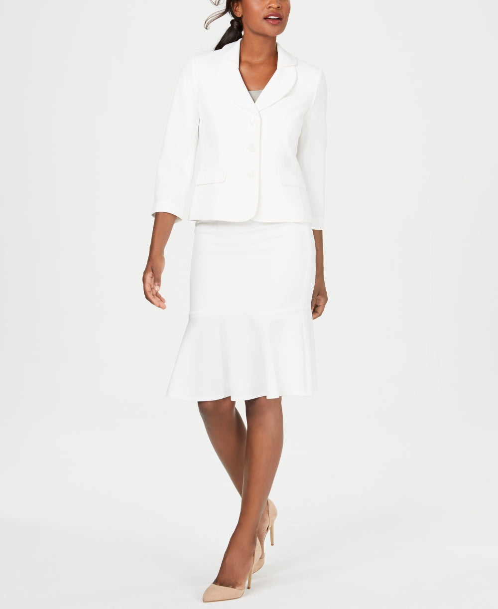 Le Suit Women's Three-Button Crepe Skirt Suit White Size 14