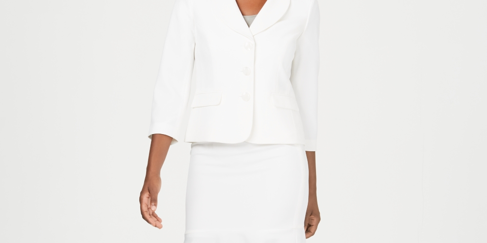Le Suit Women's Three-Button Crepe Skirt Suit White Size 14