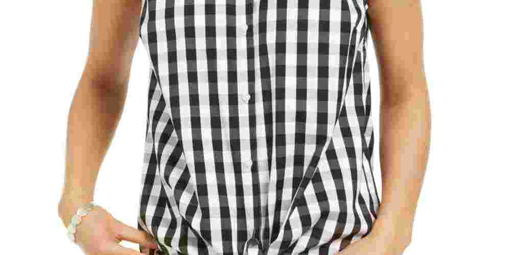Charter Club Women's Gingham-Print Tie-Hem Shirt Black Size 10