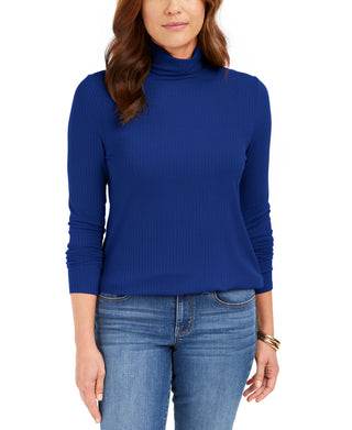 Charter Club Women's Heathered Ribbed Turtleneck Top Blue Size Small