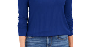 Charter Club Women's Heathered Ribbed Turtleneck Top Blue Size Small