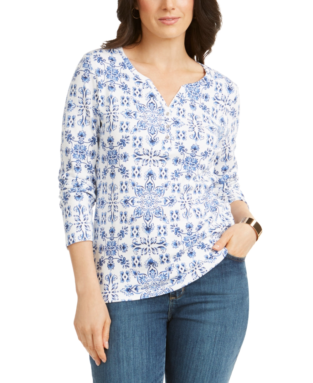 Karen Scott Women's Tile-Print Top Blue Size Small