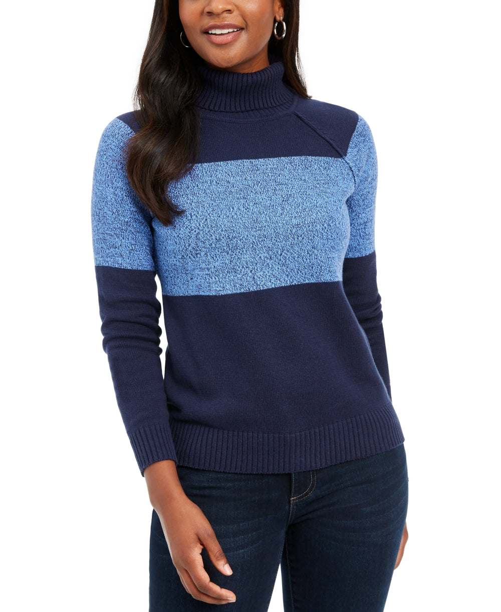 Karen Scott Women's Colorblock Cotton Turtleneck Sweater Blue Size PS