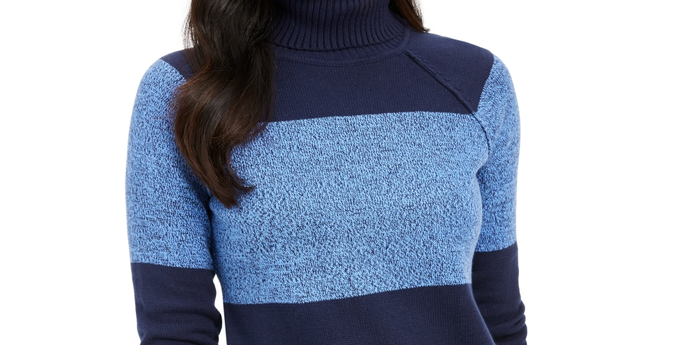 Karen Scott Women's Colorblock Cotton Turtleneck Sweater Blue Size PS