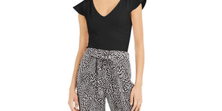 Bar III Women's V-Neck Flutter Cap-Sleeve Top Black Size X-Large