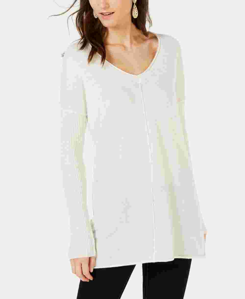 INC International Concepts Women's Ribbed Long-Sleeve Tunic Sweater White Size X-Large