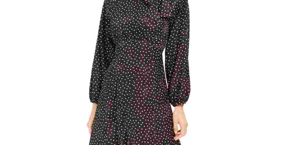 Calvin Klein Women's Tie-Neck Polka Dot Jacquard Dress Black Size 12