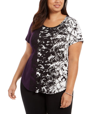 Alfani Women's Petite Printed Round-Hem T-Shirt  Purple Size Petite S