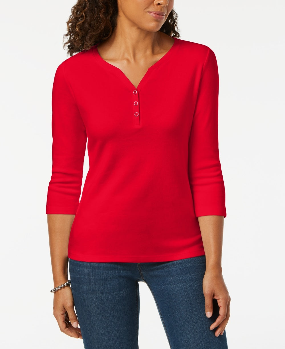Karen Scott Women's Petite Cotton Henley Top  Bright Red Size Petite