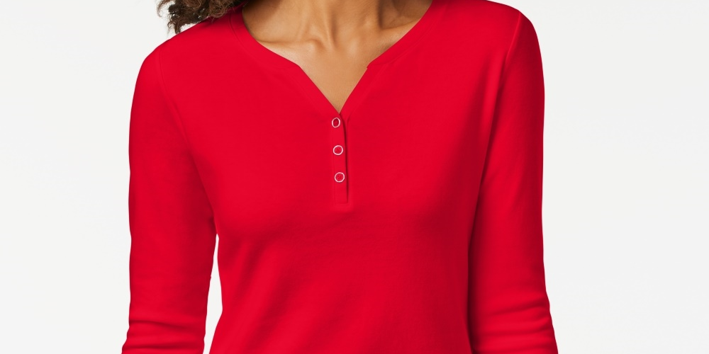 Karen Scott Women's Petite Cotton Henley Top  Bright Red Size Petite