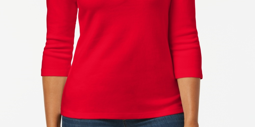 Karen Scott Women's Petite Cotton Henley Top  Bright Red Size Petite