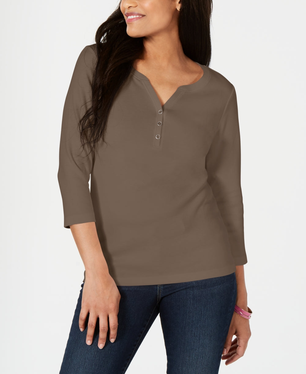 Karen Scott Women's Cotton Henley Top Brown Size X-Small