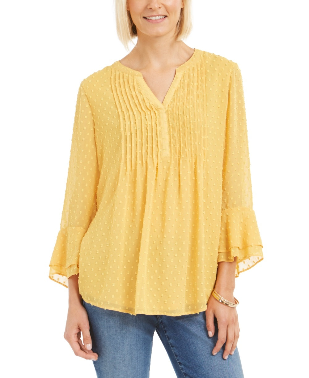 Charter Club Women's Petite Double-Ruffle Textured Pintuck Top Gold Size PL