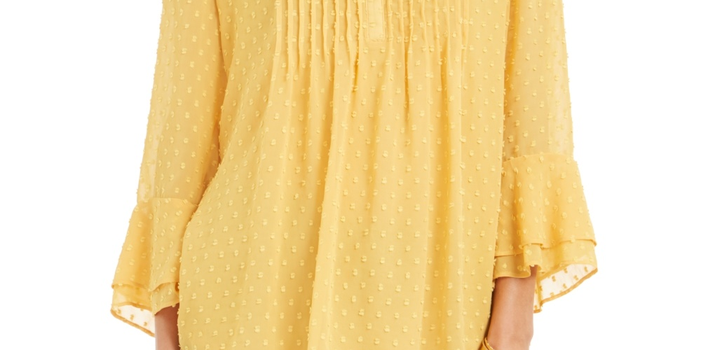 Charter Club Women's Petite Double-Ruffle Textured Pintuck Top Gold Size PL