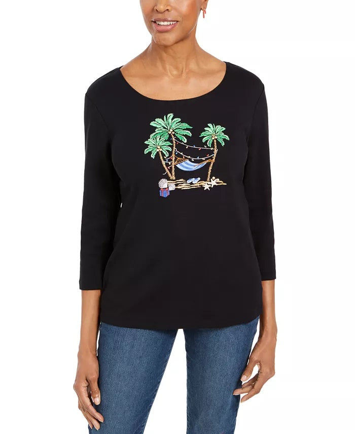 Karen Scott Women's Petite Embellished 3/4-Sleeve Top Black Size PS/M