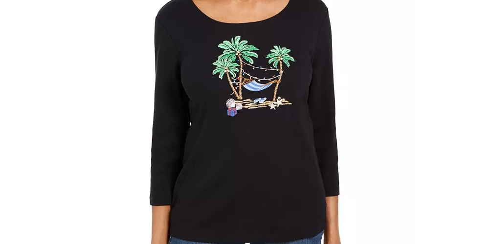 Karen Scott Women's Petite Embellished 3/4-Sleeve Top Black Size PS/M