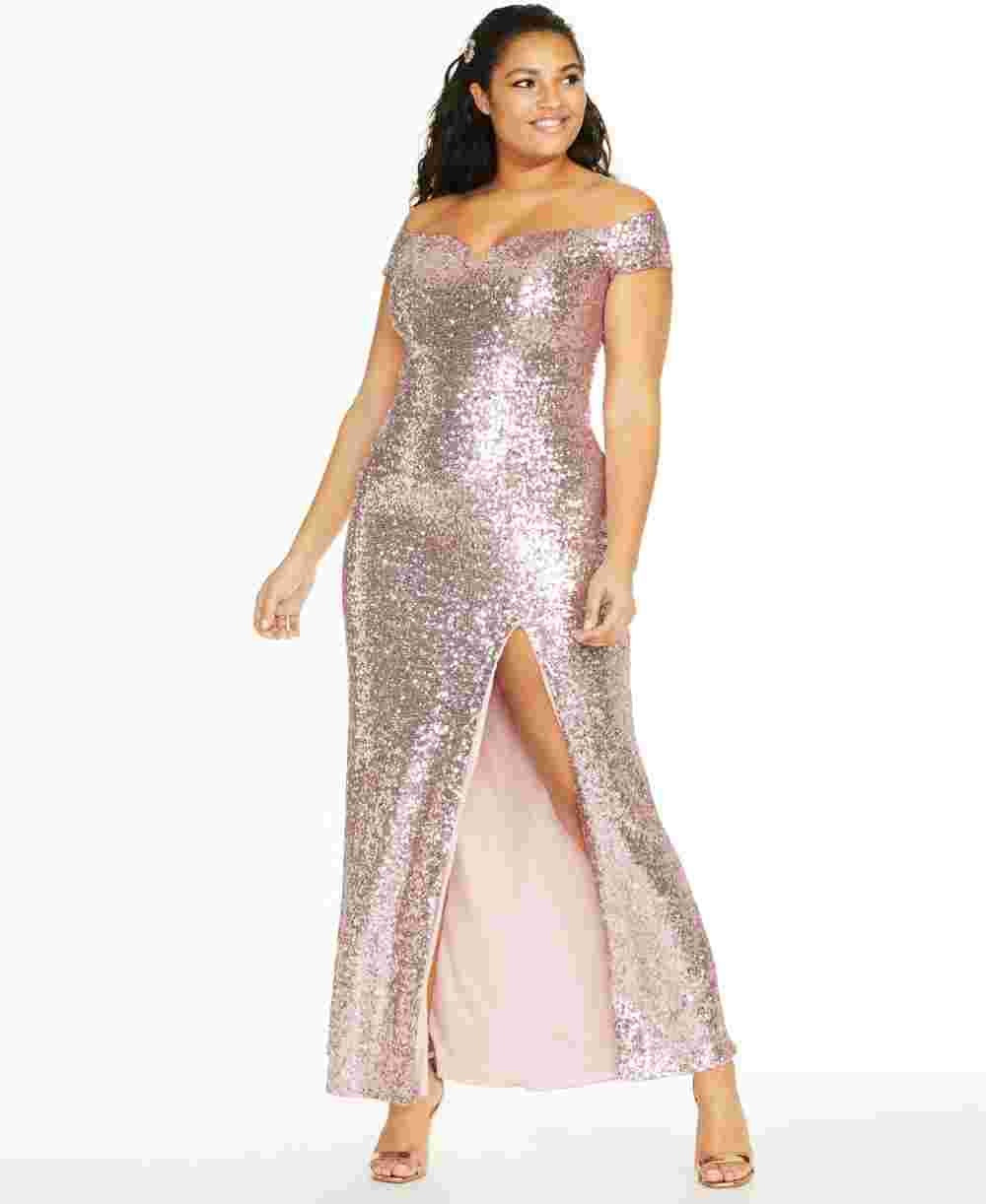 B Darlin Women's Trendy Plus Size Off The Shoulder Sequined Gown Pink Size 14
