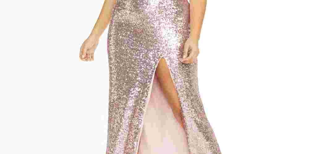 B Darlin Women's Trendy Plus Size Off The Shoulder Sequined Gown Pink Size 14