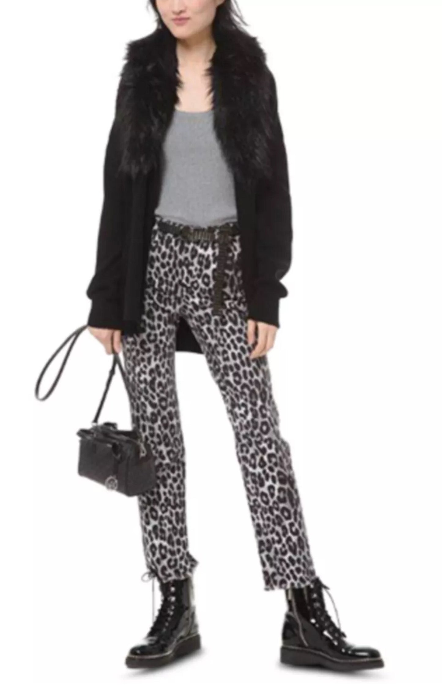 Michael Kors Women's Belted Faux Fur Collar Long Sleeve Open Cardigan Top Black Size X-Large