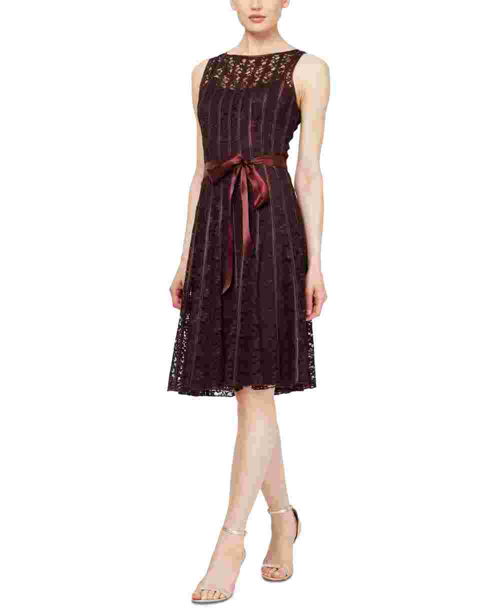 SL Fashions Women's Sleeveless Belted A-Line Lace Dress Maroon Size 6