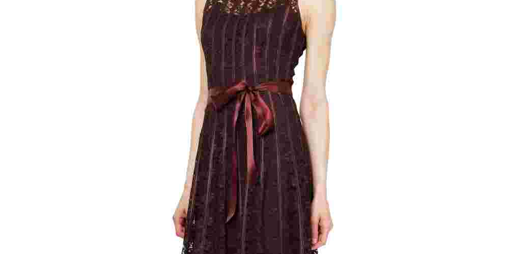 SL Fashions Women's Sleeveless Belted A-Line Lace Dress Maroon Size 6