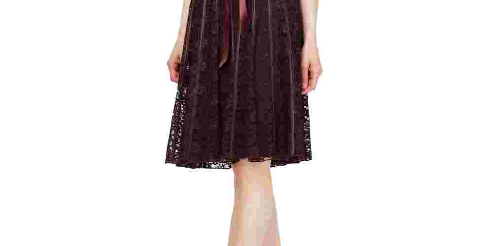 SL Fashions Women's Sleeveless Belted A-Line Lace Dress Maroon Size 6